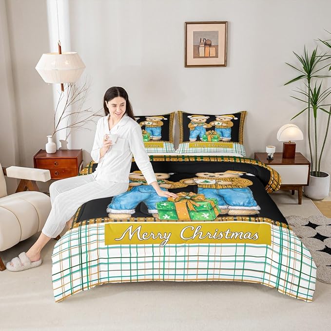 Feelyou Merry Christmas Comforter Set All Season Cute Bear Bedding Set with 2 Pillow Cases Microfiber Kids Full Bedclothes Winter Bedroom Decor Duvet Quilt Breathable Soft