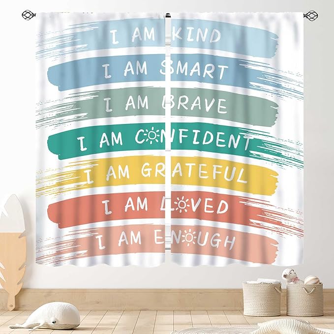 Rainbow Curtains for Classroom, Kids Girls Baby Boho Cute Inspirational Motivational Quotes Cartoon Colorful Pastel Nursery Classroom Bedroom Living Room Bathroom Window Drapes 2 Panels, 42"x54" Inch