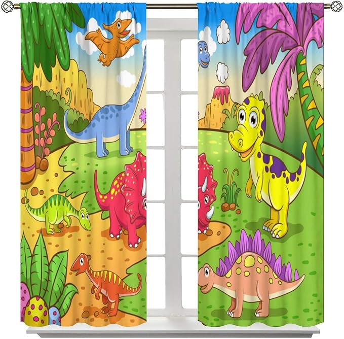 Cute Dinosaur Curtains, Colorful Cartoon Dino Pattern Window Treatments, Rod Pocket Thermal Insulated Drapes 2 Panel Sets for Kids Bedroom Nursery Classroom, 42" W X 45" L【Decor】