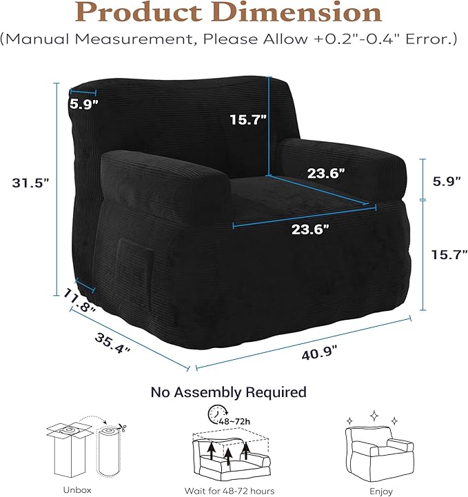 Giant Bean Bag Chair for Adults, Plush Big Bean Bag Lounger Chair with Shredded Foam Filling, Oversized Comfy Floor Sofa Couch with Side Pocket for Bedroom Living Room, Black