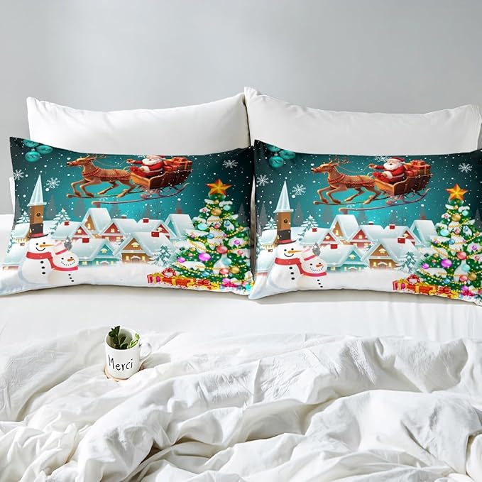 Manfei Christmas Duvet Cover Set King Size, Xmas Tree Snowman Bedding Set for Kids Boys Girls, Santa Claus with Reindeer Comforter Cover New Year Theme Quilt Cover with 2 Pillowcases, No Comforter