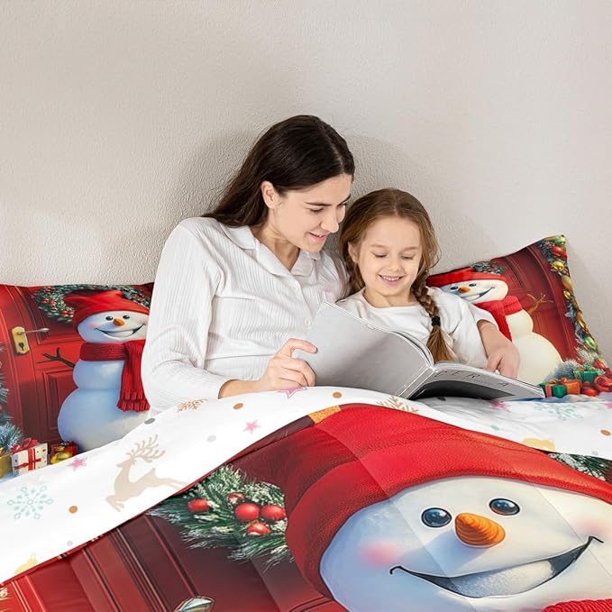 Feelyou Merry Christmas Kids Comforter Set Queen Size Cute Snowman Bedding Set Duvet Quilt for Kids Boys Girls Bedroom Snowflake Decor Microfiber Ultra Soft Breathable