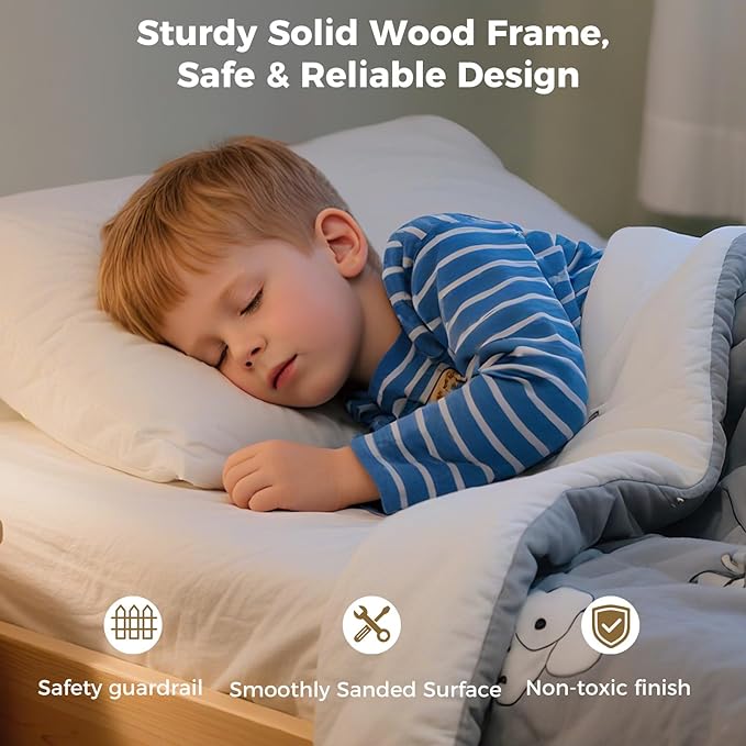Vantic Floor Bunk Bed with LED Light, Low Bunk Bed with Wide Stairs, Convertible Soild Wooden Toddler Bunk Bed with 6 Hooks, Space-Saving, White