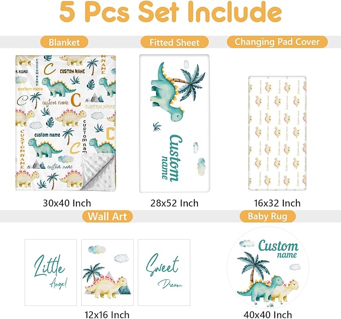 Personalized Baby Crib Set, 5 Pcs Baby Boy Crib Bedding Set, Custom Name Dinosaur Baby Crib Bedding Set Neutral, Double Layer Flannel Nursery Bedding Set, Customized Gifts for Toddler Infant
