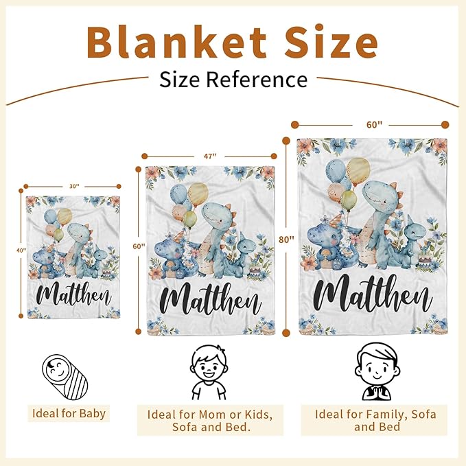 Personalized Baby Name Blanket for Boy Girl, Soft Flannel Blanket with Double Layer Dotted Backing for Infant Newborn, Nursery Crib with Dinosaur Design, Customized Gifts for New Mom(47" x60)