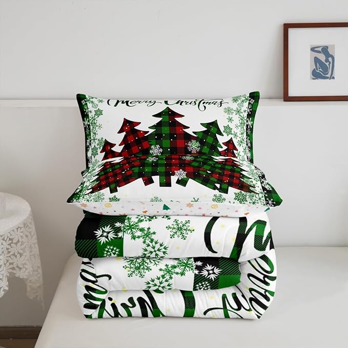 Castle Fairy Christmas Comforter Set King Size,Pine Trees Green Snowflake Glitter Shiny Bedding Set All Season Quilt Set,Winter Festival Plaid Checkered Microfiber Polyester Down Comforter