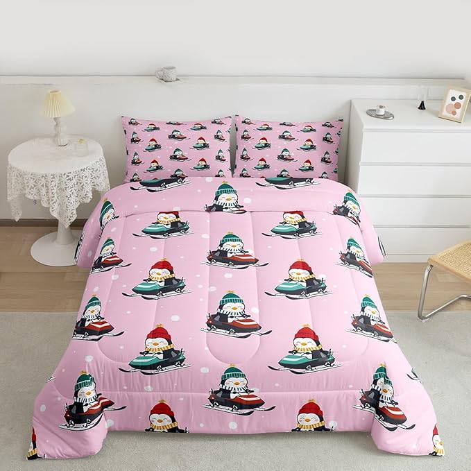 Feelyou Christmas Kids Comforter Set Twin Size Pink Penguin Bedding Set Cartoon Penguin Skiing Duvet Quilt for Kids Boys Girls Bedroom Snowflake Decor Microfiber Ultra Soft Breathable