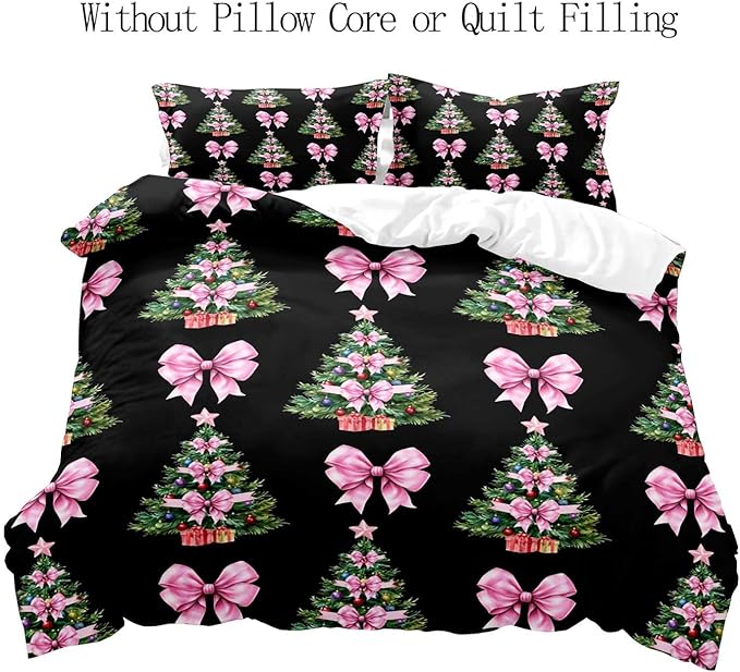 LUVIVIHOME 2PCS Christmas Tree Pink Bow Duvet Cover Twin Bedding Sets, Teen Girl Bedding, Black Duvet Cover, Bowknot Xmas Tree Winter Holiday Festival Coquette Christmas Comforter Cover, 1 Pillow Case