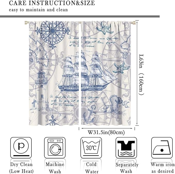 Nautical Sailboat Map Curtain,Ship Compass Lighthouse Anchor Decorative Curtain Polyester Fabric Waterproof Bedroom Curtain Set 2 Panels,63x63 Inches