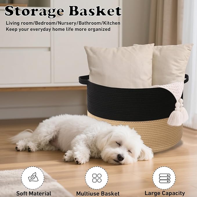 Large Blanket Basket for Organizing,115L Closet Organizers and Storage Bins Box for Shelves Woven Rope Storage Baskets,Living Room,Bedroom,Dorm,Laundry room (Black&Camel)