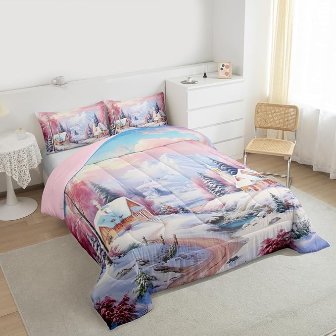 Feelyou Merry Christmas Kids Comforter Set Full Size Village Barn Bedding Set Winter Snowscape Duvet Quilt for Kids Boys Girls Bedroom Pine Tree Decor Microfiber Ultra Soft Breathable