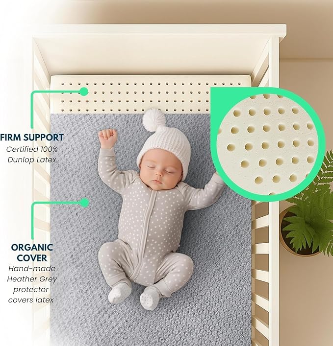 ORGANIC TEXTILES Organic Baby Mattress Topper with Heather Grey Removable Cover GOLS/GOTS Certified - Breathable - 2" Bassinet (30"x15")