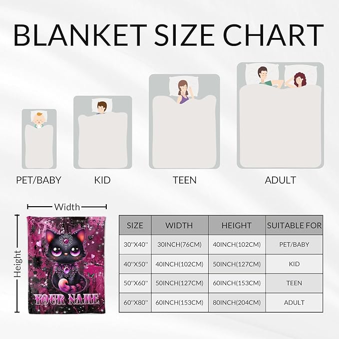 Personalized Cat Blanket for Women - 60" x 80" Cat Lover Gifts for Girls, Adults - Soft Plush Gothic Black Throw Stuff for Home, Sofa