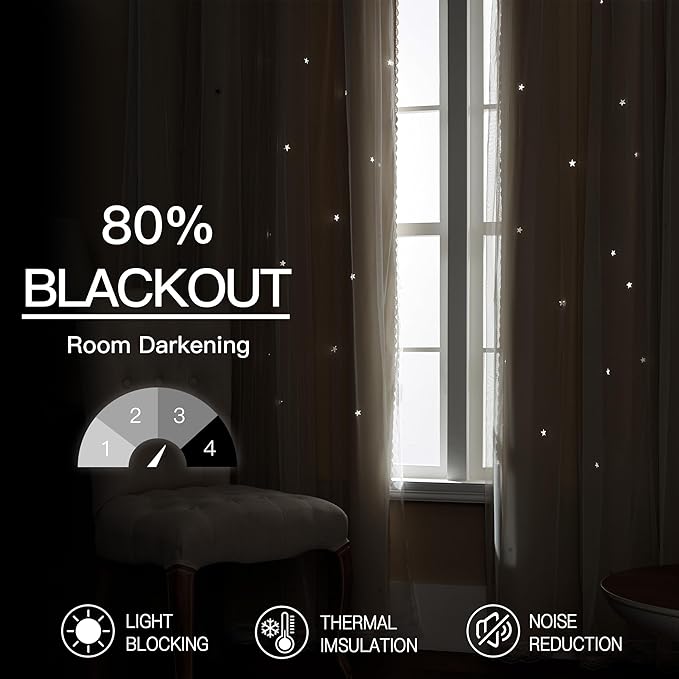 XiDi Beige Blackout Curtains for Bedroom 72 Inchs Long Room Darkening Double Layer Curtains Star Cut Out Design Grommet Drapes with Tiebacks for Girls Kids Living Room 34 x 72 Inches, Set of 2