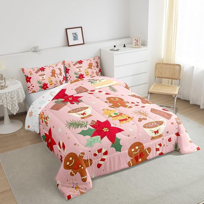Feelyou Cute Gingerbread Man Bedding Set for Kids Boys Girls Full Size Christmas Trees Comforter Set Ultra Soft Candy Comforter Dessert Duvet Quilt Bedroom Decor Christmas Decor Quilt