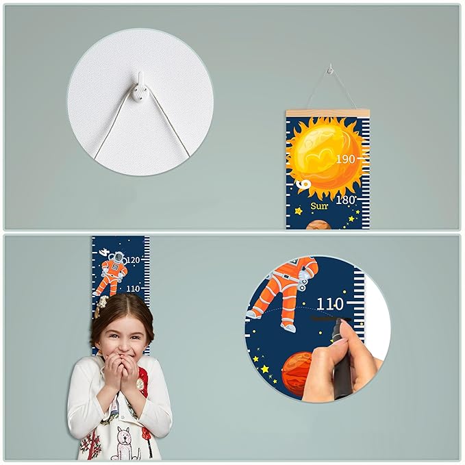 Personalized Growth Chart for Kids, Baby Height Chart with Custom Name, 77"x7.9" Canvas and Beige Wood Height Measuring Rulers for Boys Girls Removable Wall Ruler Hanging for Nursery Decor - Planets