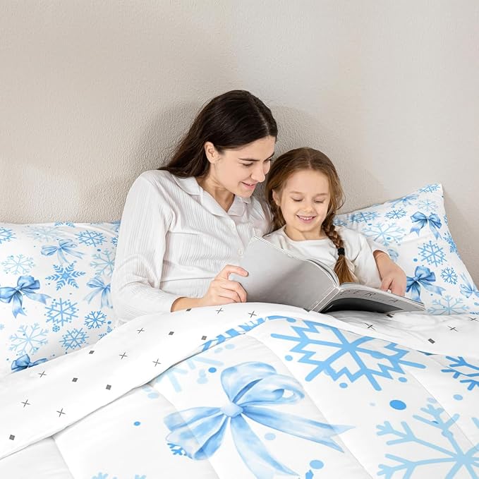 Lovely Bowknot Kids Comforter Set Queen Size,Dreamy Bowknot Dots Snowflake Bedding Set,Room Decor,Winter Merry Christmas Girly Quilt Comforter,Blue White Duvet Set Bedroom Quilt Set,2 Pillowcases