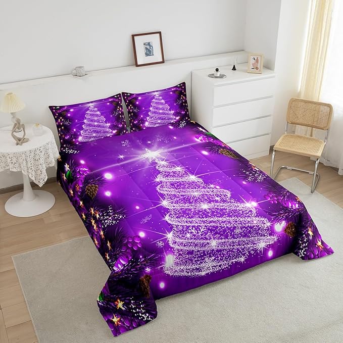 Feelyou Kids Merry Christmas Decorations Comforter Set, Kids Santa Tree Bedding Set King Size for Boys Girls Teens Xmas Christmas Bell Decor Comforter Glitter Purple Quilt Set