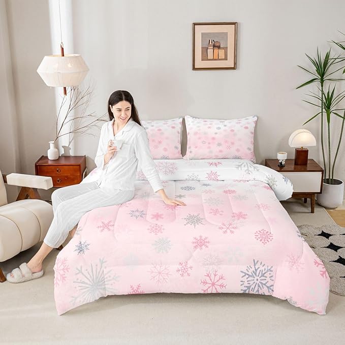 Feelyou Pink Snowflake Comforter Set Full, Glitter Snowflake Comforter for Boys Girls Winter Theme Bedding Set Winter Holiday Duvet Set Decorative 3Pcs
