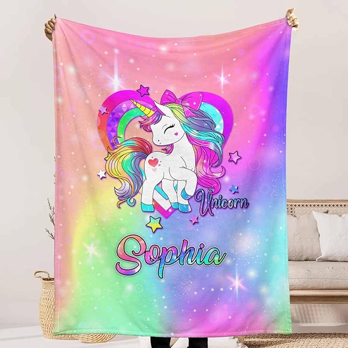 Ship Next Day, Custom Toddlers Blanket with Name for Girls Boys, Blinking Unicorn Blankets- Printed in USA, Personalized Baby Names Blankets for Kids Teens, Christmas Birthday Gifts for Grandchildren