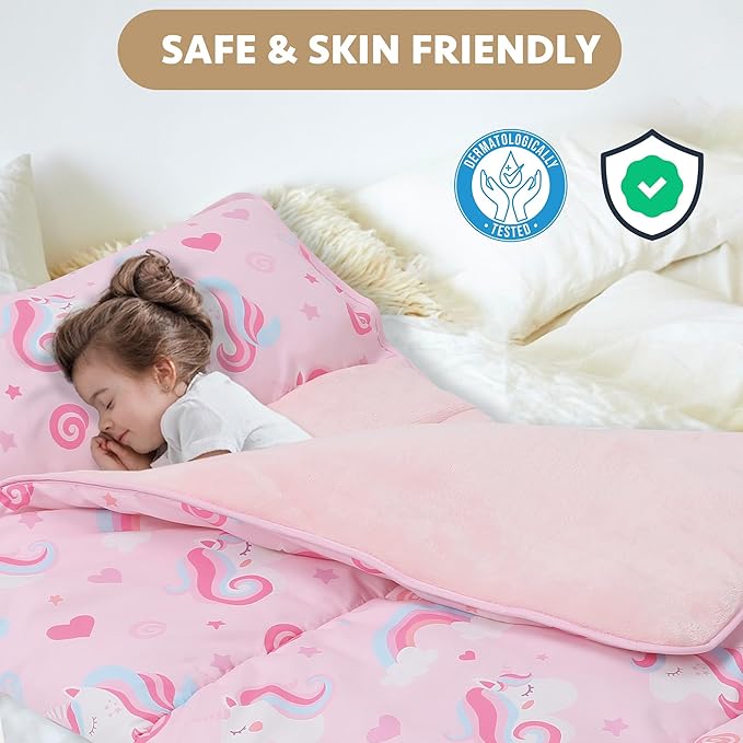Toddler Nap Mat with Detachable Pillow & Blanket - Soft Plush Minky Fleece Kids Sleeping Bag for Daycare, Preschool & Travel - Portable Roll-Up Design with Carry Handle - Boys Girls Ages 3+