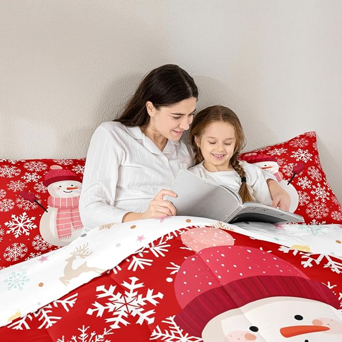Feelyou Christmas Comforter Set All Season Snowman Red Bedding Set with 2 Pillow Cases Xmas Snowflakes Microfiber Kids Queen Bedclothes Winter Snow Bedroom Decor Duvet Quilt Breathable Soft