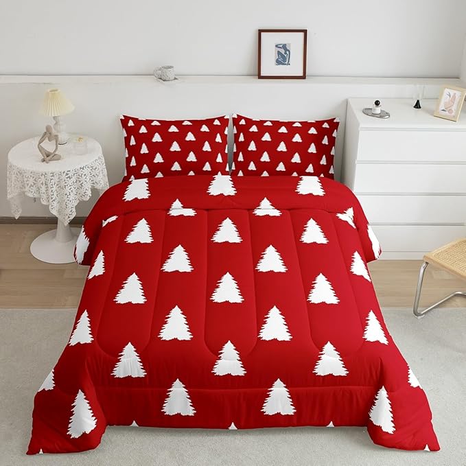 Feelyou Red Christmas Trees Bedding Set for Kids Boys Girls Queen Size Xmas Comforter Set Ultra Soft Winter Comforter Holiday Decor Duvet Quilt Bedroom Decor Christmas Ornaments Quilt