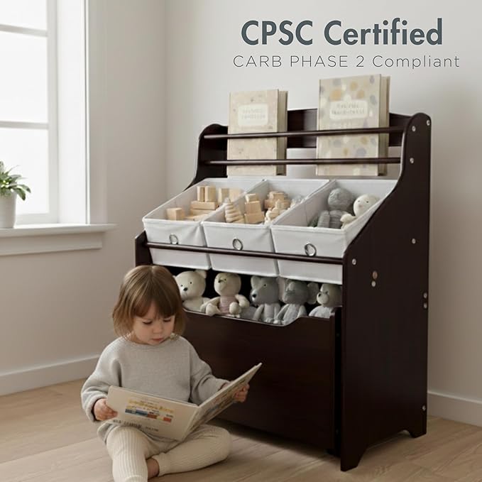 Humble Crew 3-in-1 Kids Bookshelf and Toy Storage Organizer, Espresso/White - Toddler Organizers with Rolling Toy Box and 3 Fabric Bins – Sturdy Baby Book Shelf, Perfect for Nursery and Playroom