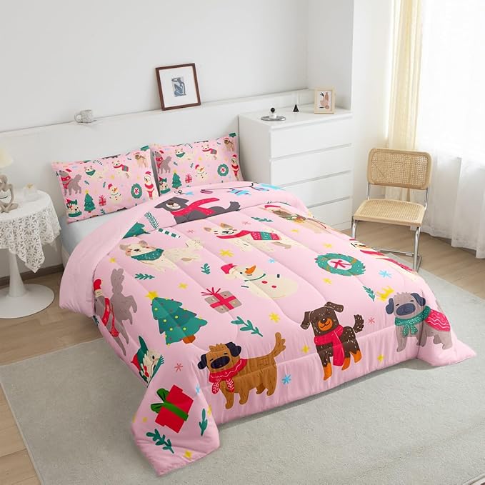 Erosebridal Cute Dog Comforter Set King Size Puppy Dog Cartoon Xmas Bedding Set Christmas Tree Quilts for Kids Boys Girls Bedroom Decor Snowman Duvet Insert with 2 Pillow Cases