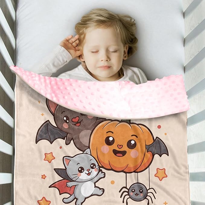 Personalized Halloween Blanket for Baby Boys Girls, Custom Baby Blanket with Name, Pumpkin Bat Pattern Soft Minky Dot Blanket, Halloween Decor Christmas Birthday Gifts for Kids Toddlers