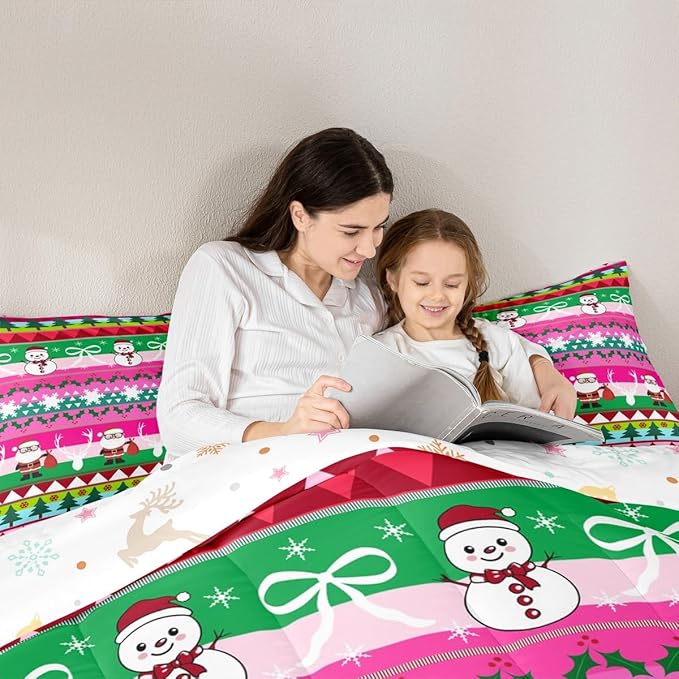 Feelyou Merry Christmas Tree Kids Comforter Set Twin Size Cute Snowman Bedding Set Santa Claus Duvet Quilt for Kids Boys Girls Bedroom Cartoon Bowknot Decor Microfiber Ultra Soft Breathable