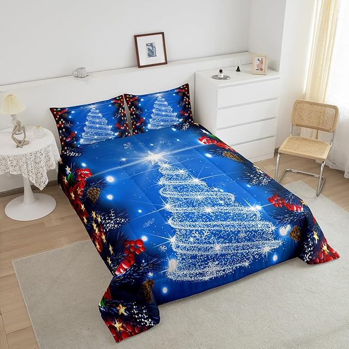 Feelyou Kids Merry Christmas Decorations Comforter Set, Kids Santa Tree Bedding Set Queen Size for Boys Girls Teens Xmas Christmas Bell Decor Comforter Glitter Blue Quilt Set