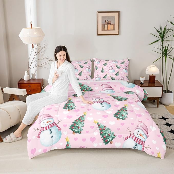 Feelyou Merry Christmas Comforter Set All Season Cute Snowman Bedding Set with 1 Pillow Cases Christmas Tree Microfiber Kids Twin Bedclothes Love Hearts Duvet Quilt Breathable Soft Lightweight