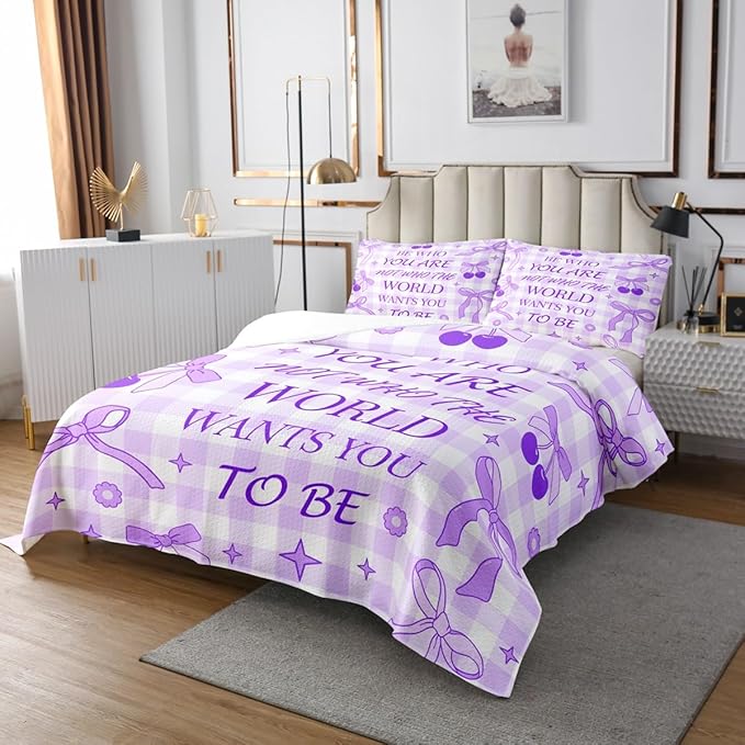 Purple Bowknot Bedspread Twin Size,Cherry Stars Daisy Flowers Romantic Coverlet Set,Girls Women Room Decor,Bow Tie Geometric Plaid Patchwork Quilted Coverlet,Dreamy Bedding Quilt,1 Pillowcase