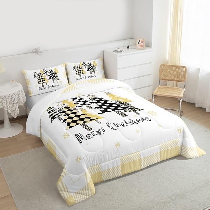 Manfei Xmas Tree Comforter Set King Size, Yellow Plaid Grid Snowflake Down Comforter with 2 Pillowcases, Christmas Theme Bedding Set 3pcs for Kids Girls Adults Room Decor New Year Duvet Insert