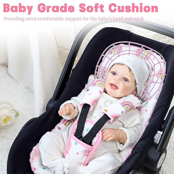 Infant Car Seat Insert with 3 Strap Covers, 3 in 1 Reversible Rainbow Baby Car Seat Head Support for Newborn, Baby Girl Newborn Essentials for Preemie to Infant, Stroller, Swing, Bouncer (Pink)