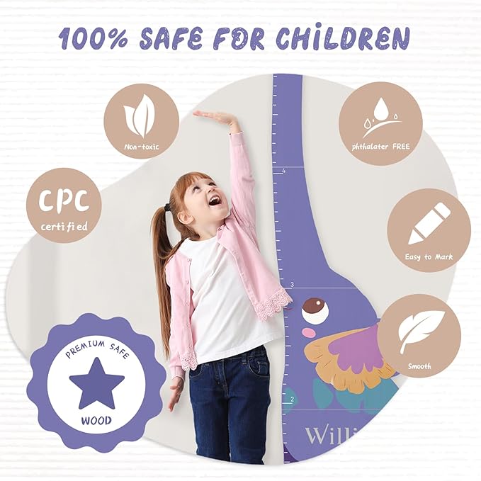 Personalized Name Growth Chart for Kids, Elephant Patchwork Wooden Height Chart for Wall Decor, Baby Boy Girl Measurement Ruler for Room 63" x 15.7"