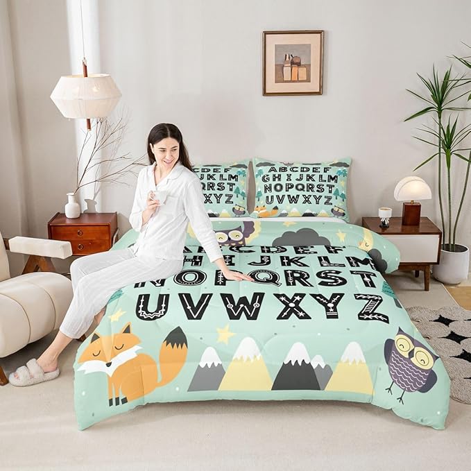 Feelyou Alphabet Kids ABC Learning Comforter Set All Season Cute Fox Bedding Set with 1 Pillow Cases Educational Nursery Art Microfiber Kids Twin Bedclothes Woodland Animals Bedroom Decor Duvet Quilt