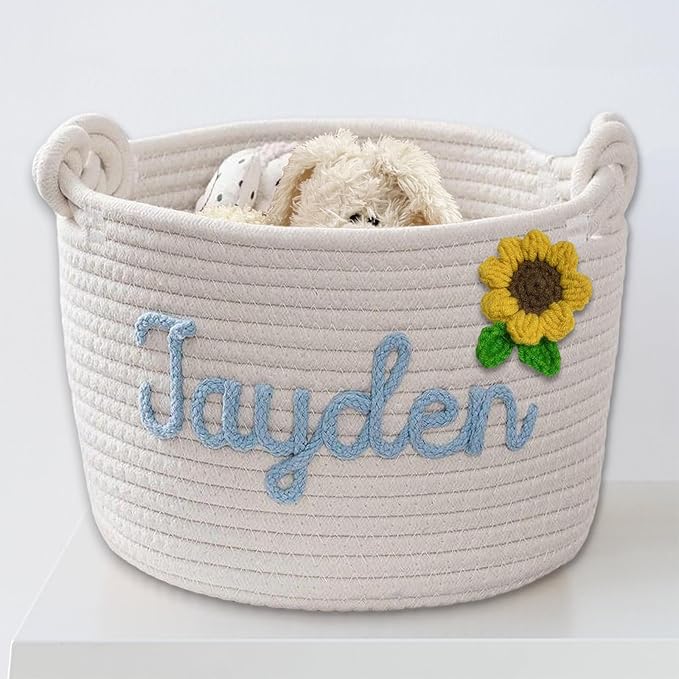 Personalized Dog Toy Basket Custom Cat Toy Box Rope Woven Basket with Pet's Name Dog Storage Organizer with Handles Cute Toy Bin for Cat White