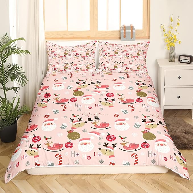 Manfei Christmas Duvet Cover Set King Size, Santa Claus and Reindeer Bedding Set 3pcs for Kids Girls Adult, New Year Theme Comforter Cover Soft Polyester Quilt Cover with 2 Pillowcases,No Comforter