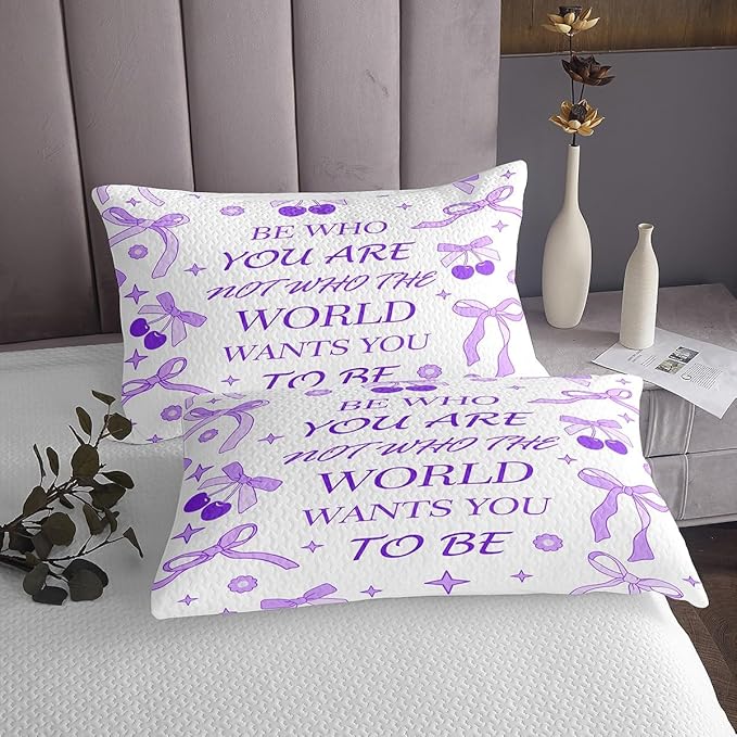 Manfei Purple Bowknot Kids Bedspread Twin Size,Cherry Tropical Fruit Stars Daisy Cute Coverlet Set,Girls Women Room Decor,Bow Tie Cartoon Princess Quilted Coverlet,Romantic Bedding Quilt,1 Pillowcase