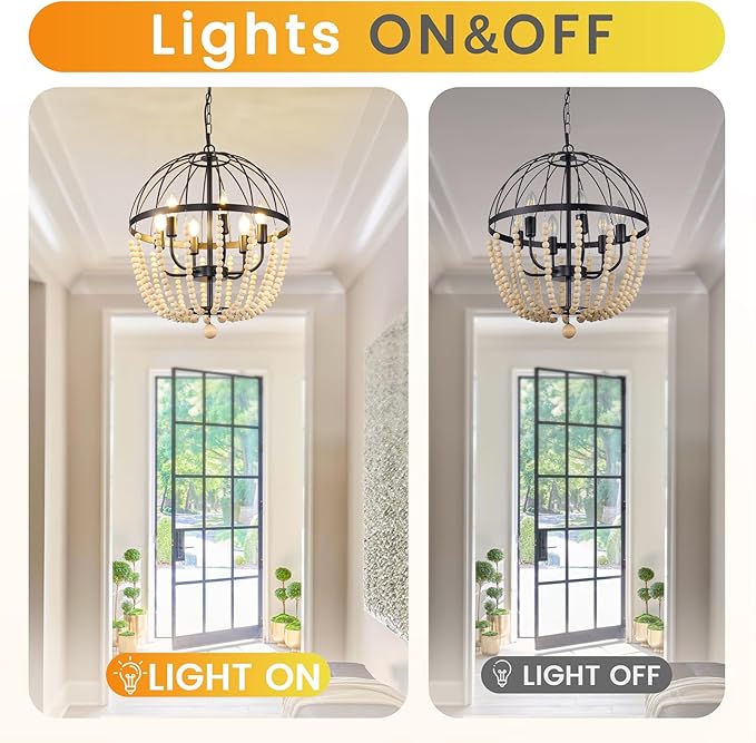 WJShome 6-Light Farmhouse Chandelier, Vintage Dining Room Light Fixture, Black Boho Wooden Bead Lantern Pendant Light, Rustic Pendant Lights Kitchen Island, for Entryway Foyer Hallway,