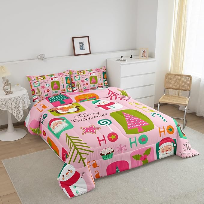 Erosebridal Christmas Kids Comforter Set Toddler Size Cartoon Santa Claus Quilts Boys Girls Room Decor Merry Xmas Penguin Bedding Set Christmas Tree Snowman Down Comforter,Pink