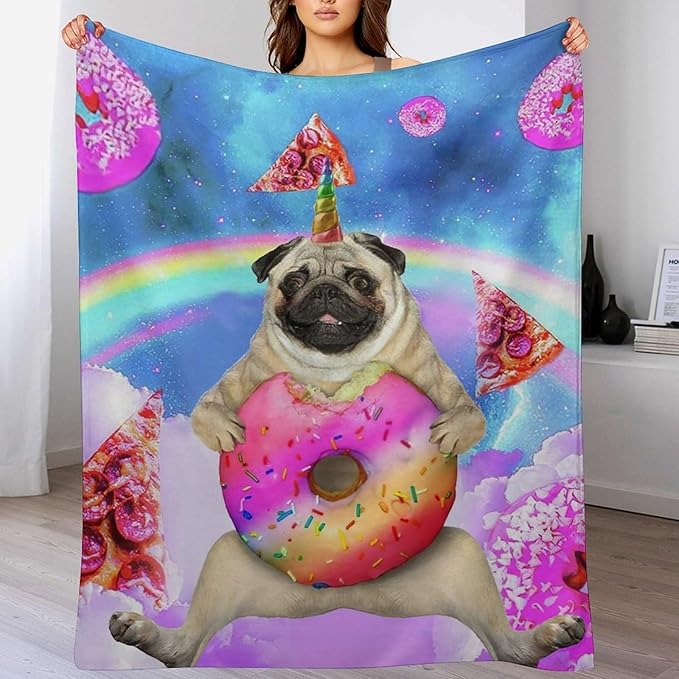 Pug Blanket Funny Pug Gifts for Girls Boys Woman Kids Doughnut Pizza Lover Dog Throw Blankets Soft Blanket Warm Fleece Flannel Plush Blankets for Bed Sofa Couch 60"x80"