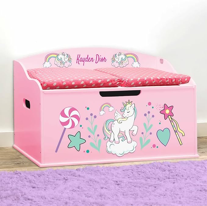 DIBSIES Personalized Creative Wonders Toy Box, Unicorns & Rainbows, 30 x 19.25 x 18 inches, Soft-Close Lid (Pink)