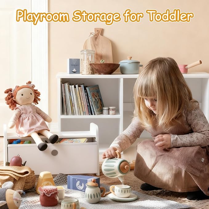 Kids Bookshelf with Bench, Toddler Table with Reading Nook, Montessori Shelf with Fabric Drawer, Toy Organizers and Storage for Kids Rooms, Nursery, Playroom, Bedroom, White