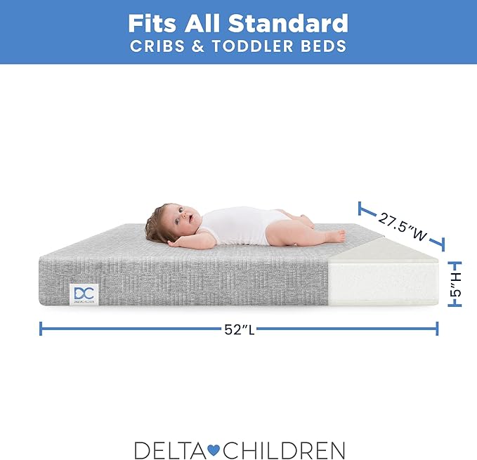 Delta Children Sweet Beginnings Dual Sided Baby Crib Mattress and Toddler Mattress, GREENGUARD Gold and CertiPUR-US Certified, Firm Plant-Based Foam, Waterproof, 5 Year Warranty, Made in USA