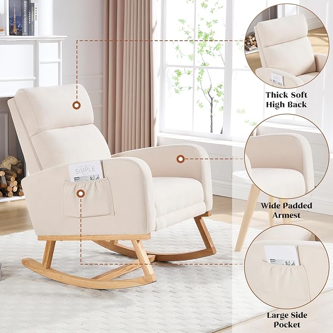 Rocking Chair Nursery, Nursing Rocking Chairs with Foot Rest for Mom Nursery, Glider Rocker Chair with Footrest and High Backrest for Living Room, Bedroom, Beige