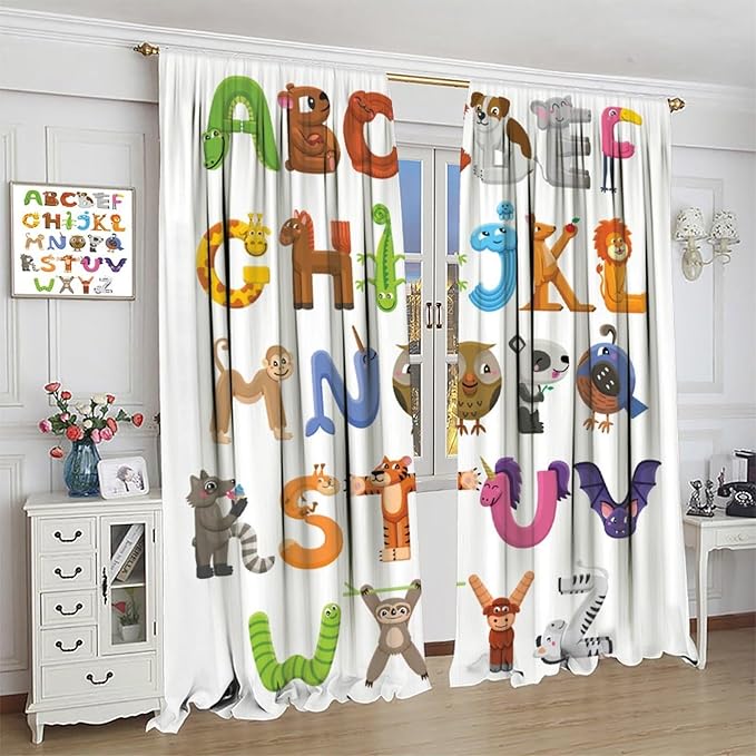Kids Alphabet Curtains Cartoon Animal Baby Children Funny Learning Educational Curtain with Rod Pocket for Bedroom Nursery Decor Drapes Window Treatments 2 Panels Set 55x63in