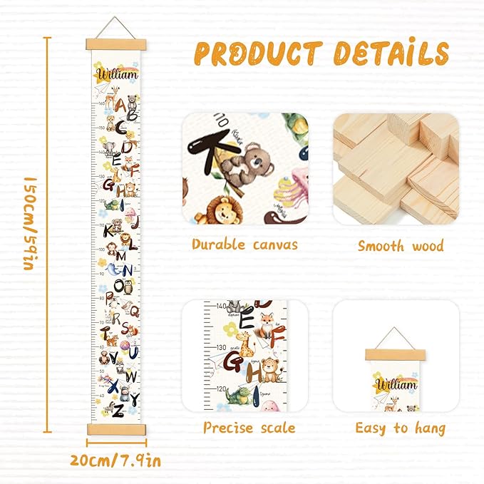 Personalized Name Growth Chart Wall Decor for Kids – Canvas Removable Height Chart Measuring Ruler 59" x 7.9" (Cute Letters)